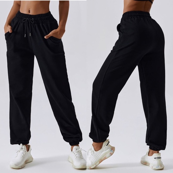 Pants - Mooslover Black Solid Loose Fitting Sports Sweatpants